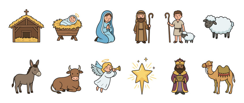 Nativity scene characters and elements cartoon illustration set, depicting the story of Christmas with religious figures and animals.