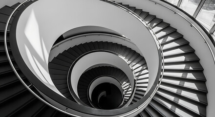 Fototapeta premium A spiral staircase in a modern museum, architectural abstract, black and white photography, leading lines and shadows.
