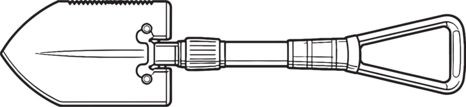 Entrenching Tool Folding Shovel Black and White Vector Line Art Illustration Military Equipment