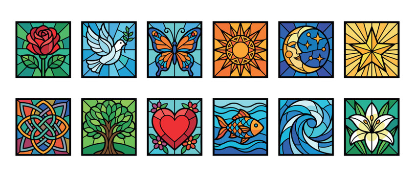 Stained glass icons set featuring various colorful symbols like flowers, animals, celestial bodies, and nature elements in a decorative mosaic style.