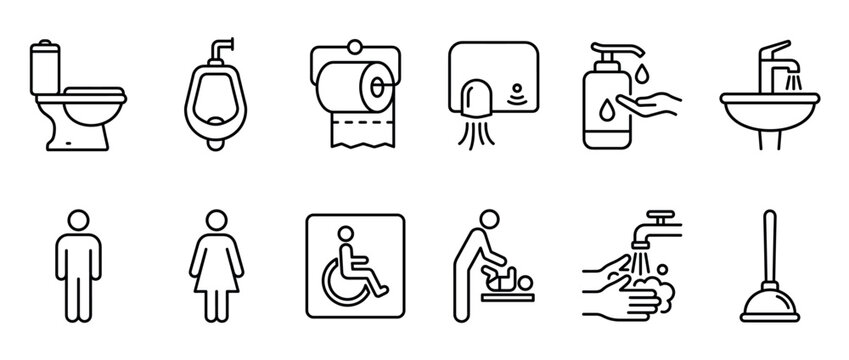 Bathroom restroom public toilet icons set featuring essential facilities like toilet, urinal, sink, hand dryer, and accessibility signs for hygiene and convenience.