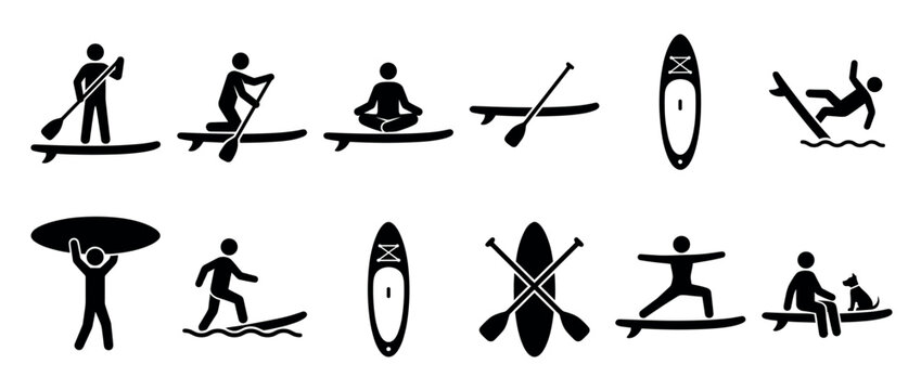Collection of stand-up paddleboarding icons depicting various activities like paddling, yoga, falling, and carrying the board.