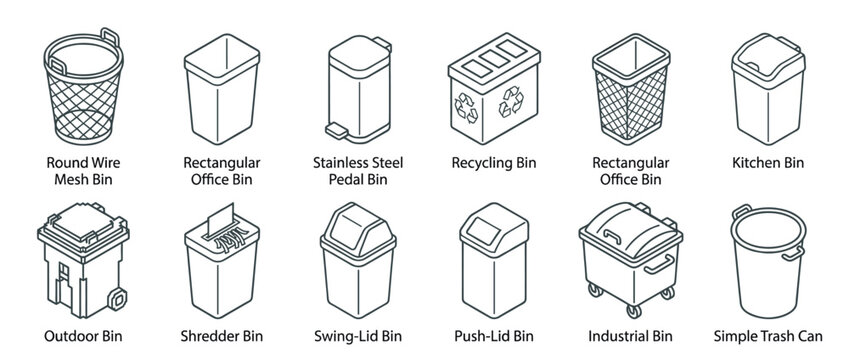 Waste bins and trash cans icon set featuring various types for home, office, and industrial use in a clean line art style.