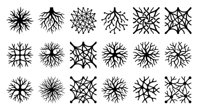Abstract root patterns and organic shapes form a diverse collection of intricate graphic design elements.