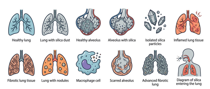 Medical illustration of silicosis showing healthy and diseased lungs, alveoli, and the progression of lung damage from silica dust inhalation.