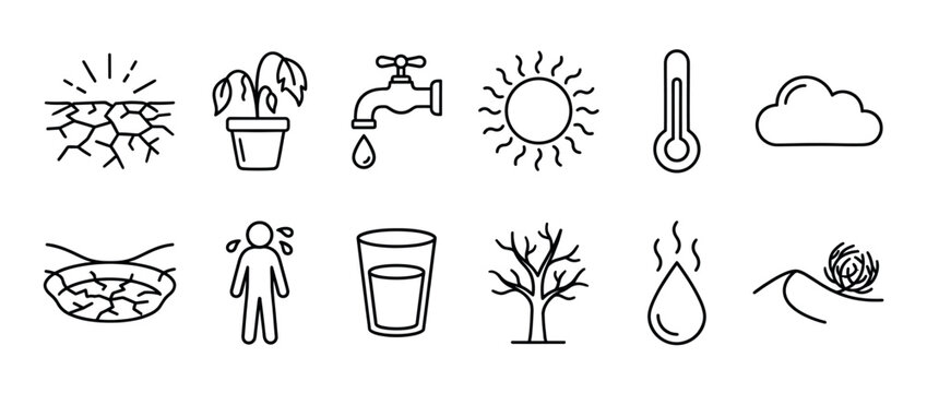 Drought and heatwave icons illustrating water scarcity, climate change, and environmental issues with symbols of dry land, wilting plants, and high temperatures.