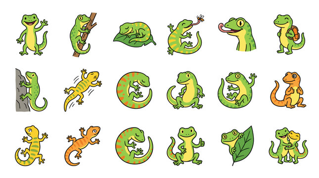 Cute cartoon geckos and lizards in various playful poses, showcasing their friendly and adorable nature.