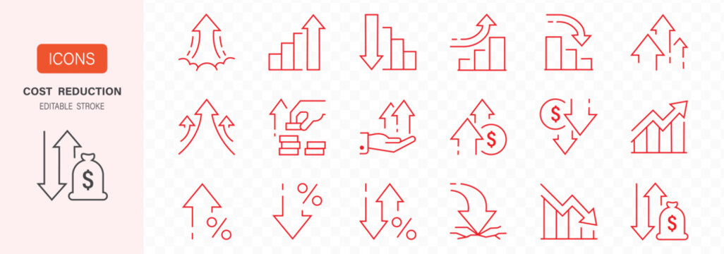 Line icons about money increase and decrease. Contains such icons as stock market  profit  launch and more. Editable vector stroke