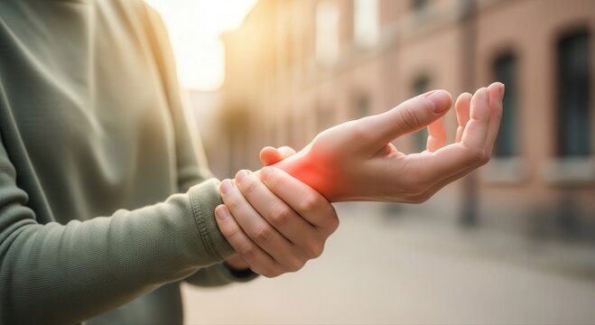 Person experiencing sharp wrist pain, grabbing the affected area for comfort while standing outdoors on a sunny day