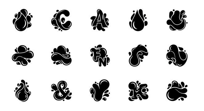 Abstract liquid shapes collection, black ink blobs