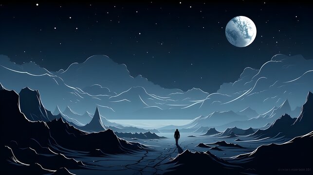 A minimalist digital illustration of a lone silhouette walking on a desolate blue alien planet under a starry sky and large moon.