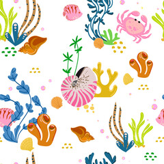 Naklejka premium Seamless underwater pattern with colorful marine life, fish coral reef shells sea plants and ocean elements for textile design packaging kids products wrapping summer branding and backgrounds.Vector