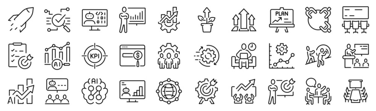 Modern business icon set including analytics, workflow, team collaboration, startup growth and digital systems. Clean outline vector icons for SaaS, apps and UI design.
