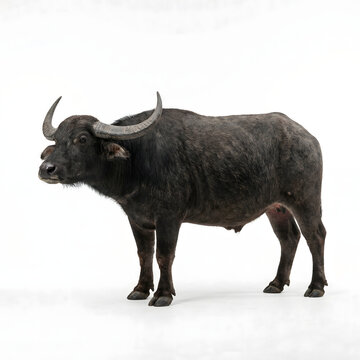 Powerful African Buffalo Bull with Impressive Curved Horns, Standing Confidently on a Clean White Studio Background. Full Body Side View of a Robust Wild Animal