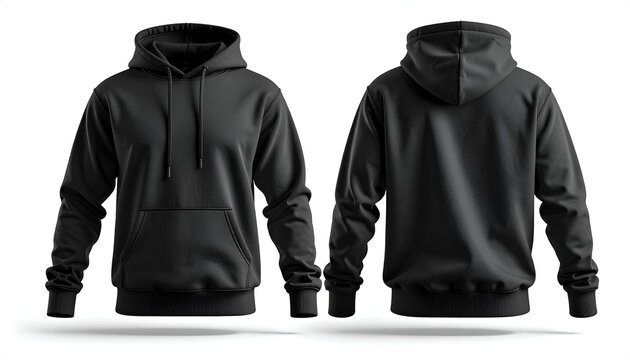 Front and back view of a plain black hooded sweatshirt with drawstring and front pocket, isolated