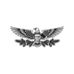 Obraz premium An eagle with spread wings and a band on one wing standing on crossed rifles with pine branches isolated on white background, Vector, illustration