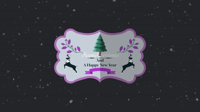 Animated lilac Christmas and New Year greeting card with snow.