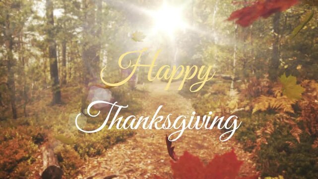 Happy thanksgiving text over multiple autumn maple leaves falling against forest path