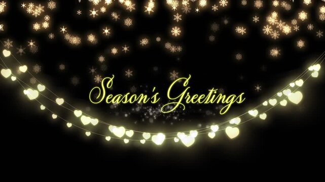 Animation of seasons greetings text over snow falling and light spots
