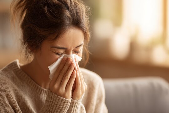 Brunette woman sneezing into a tissue in a softly lit indoor setting
