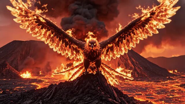Mythical fiery phoenix rising from volcanic eruption with molten lava background.