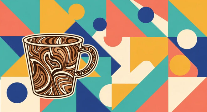 Decorative coffee cup illustration with detailed abstract pattern on vibrant geometric background filling the entire frame.