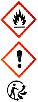 Symboles d'avertissement pour produits dangereux : inflammable, irritant et recyclage.
