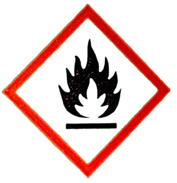 Symbole de danger d'incendie avec flamme noire dans un losange rouge.