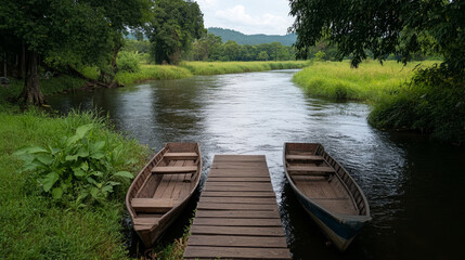 Obraz premium Two wooden boats docked at a wooden pier on a calm river surrounded by lush greenery