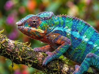 Fototapeta premium Macro Portrait of a Vibrant Exotic Chameleon Perched on a Natural Tree Branch