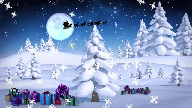 Animation of snow falling over santa in sleigh at christmas