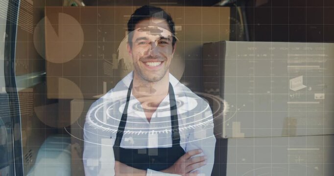 Animation of round scanner and data processing over caucasian delivery man showing thumbs up