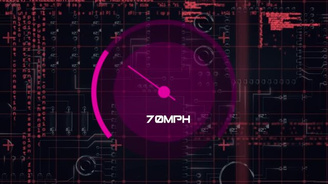 Animation of speedometer over data processing on black digital screen