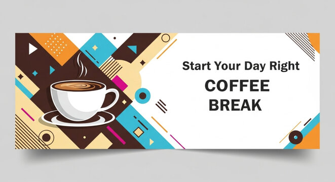 Modern coffee banner with cup illustration and &ldquo;Coffee Break&rdquo; text aligned to the right, featuring clean geometric composition.