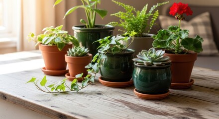 Fototapeta premium A collection of potted plants arranged on a wooden table, with sunlight streaming through a window in the background.
