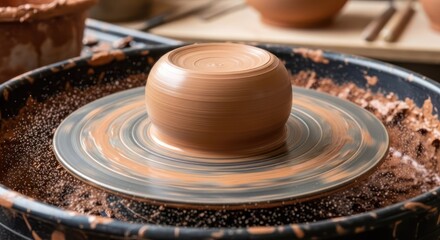 Obraz premium A clay pot spinning on a pottery wheel, with a textured surface and a dark, earthy background. The wheel is covered in clay residue, indicating recent use.