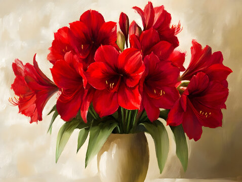 Large bright red amaryllis flowers in an elegant vase