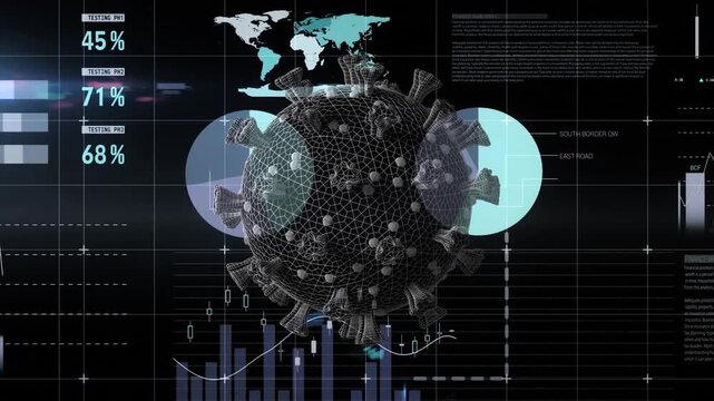 Animation of rotating brain over digital model of human brain and data processing on black