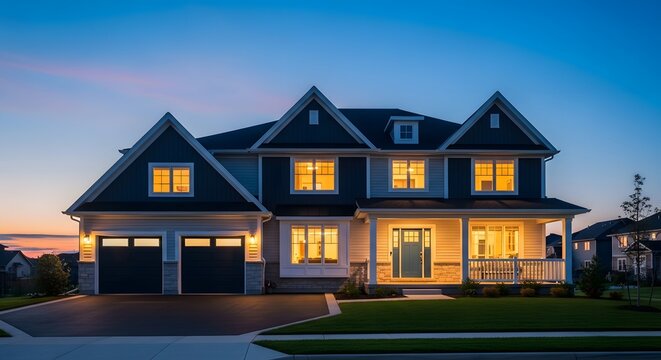 A large house with lights on at dusk in a suburban neighborhood