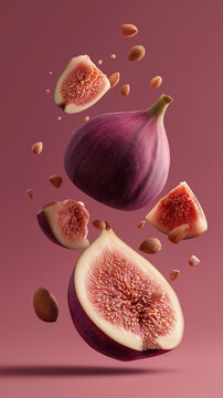 Whole and sliced ripe figs with almonds suspended in the air