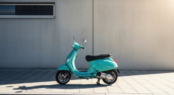 A turquoise scooter parked on a tiled pavement against a plain wall. The scooter has a black seat and handlebars, and the wall is light-colored with a rectangular window above. 