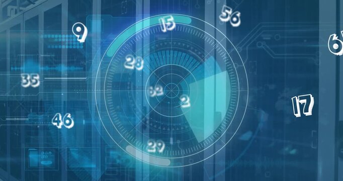 Animation of multiple numbers floating over round scanner against computer server room