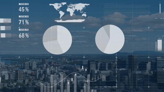 Animation of infographic interface over aerial view of city with mountain and clouds in sky