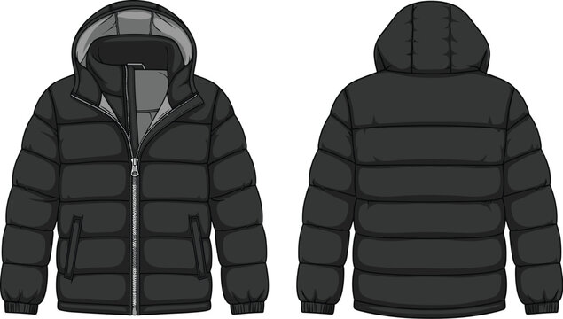 Black Puffer Jacket Illustration: Versatile Fashion Vector for Apparel Mockups, Winter Designs, Urban Style, and Sportswear Promotion, Perfect for E-Commerce and Design Projects