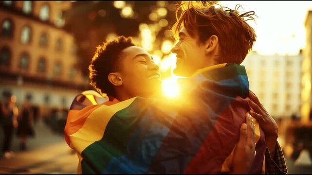 LGBTQ+ Couple hugging with Pride Flag on Sunny City Street. Pride Month, diversity and inclusion.