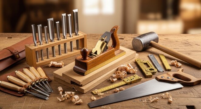 A collection of woodworking tools arranged on a wooden surface, including chisels, a mallet, a hand plane, and a saw, with wood shavings scattered around.