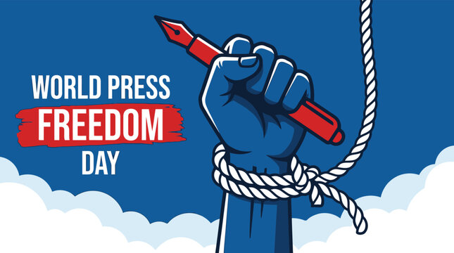World Press Freedom Day Illustration with Fist Holding Pen and Rope for Journalism Rights and Media Freedom