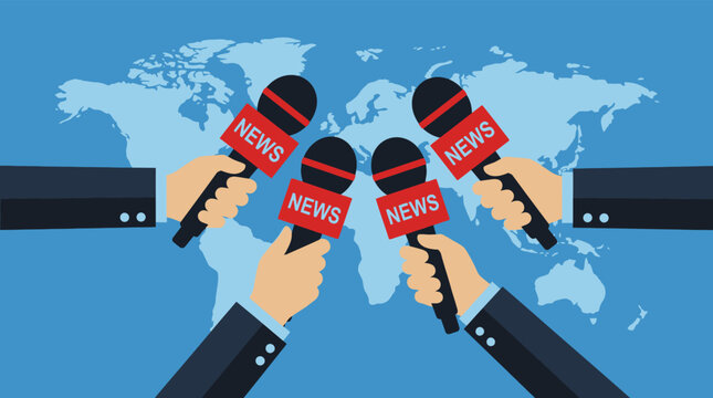 Global Media Press Conference Illustration with Journalists Hands Holding Microphones for Breaking News on World Map Background