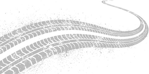 A detailed illustration of vehicle tire tracks curving across a plain white background surface. ©  Designer