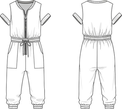Fashionable Girls' Jumpsuit Sketch: Front and Back Technical Drawing for Fashion Design, Garment Construction, and Children's Apparel Design Projects
